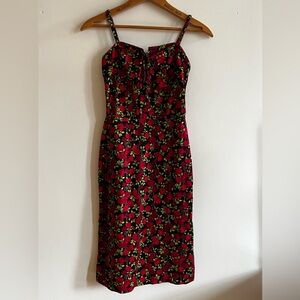 ❤️SOLD❤️ Floral Red and Black Rose Front Lace Up Tie Dress